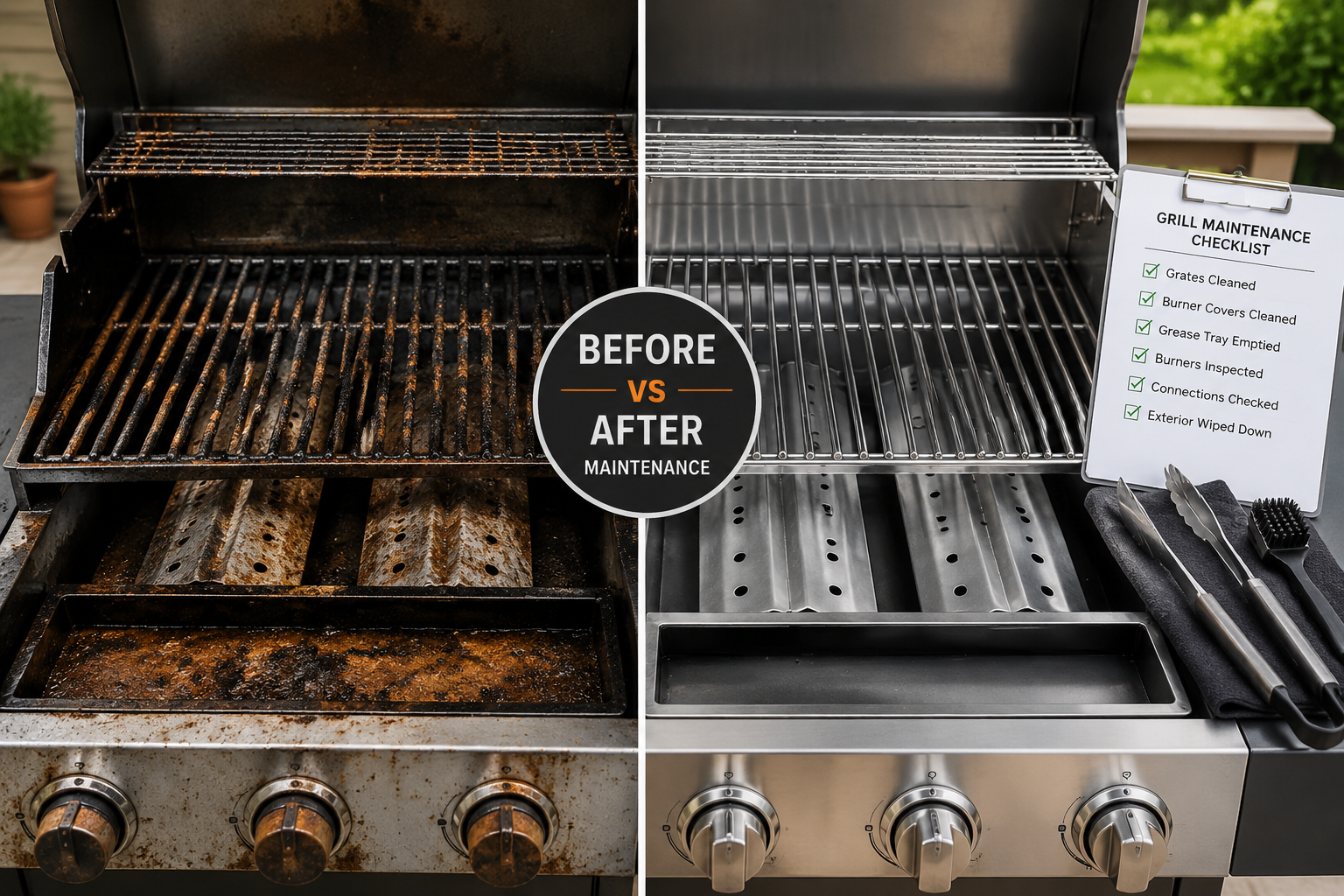 Detailed () editorial image showing a split-scene comparison: left side depicts a neglected, rusted barbeque grill with