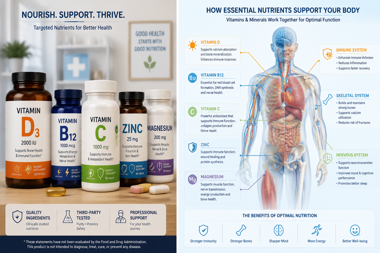 () editorial illustration showing a split-panel comparison: on the left, a close-up of various vitamin supplement bottles