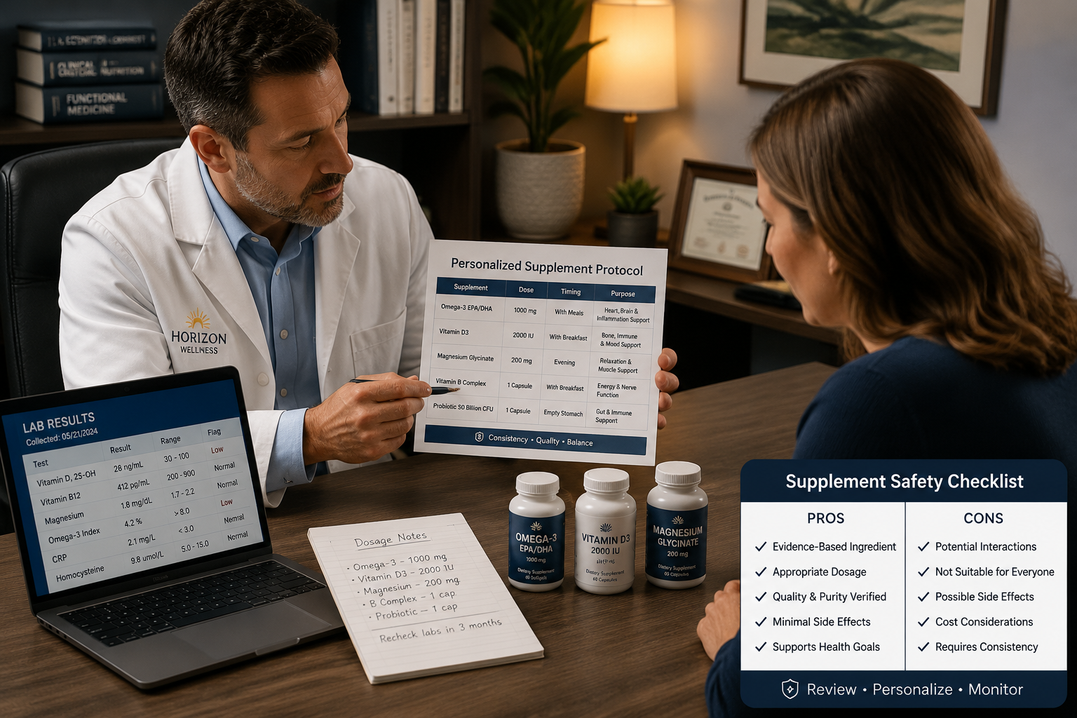 () image showing a doctor-patient consultation scene from a slightly elevated side angle: a healthcare professional in a